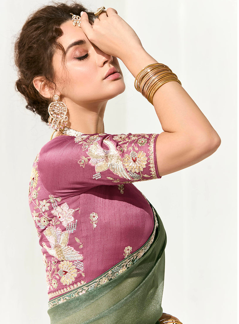 Monjolika Fashion Tissue Embroidered Sequins Classic Saree in Dark Sea Green | Grocsy