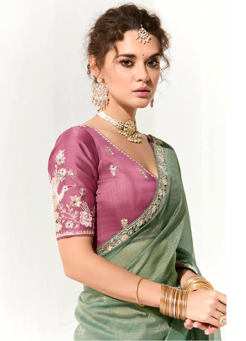 Monjolika Fashion Tissue Embroidered Sequins Classic Saree in Dark Sea Green | Grocsy