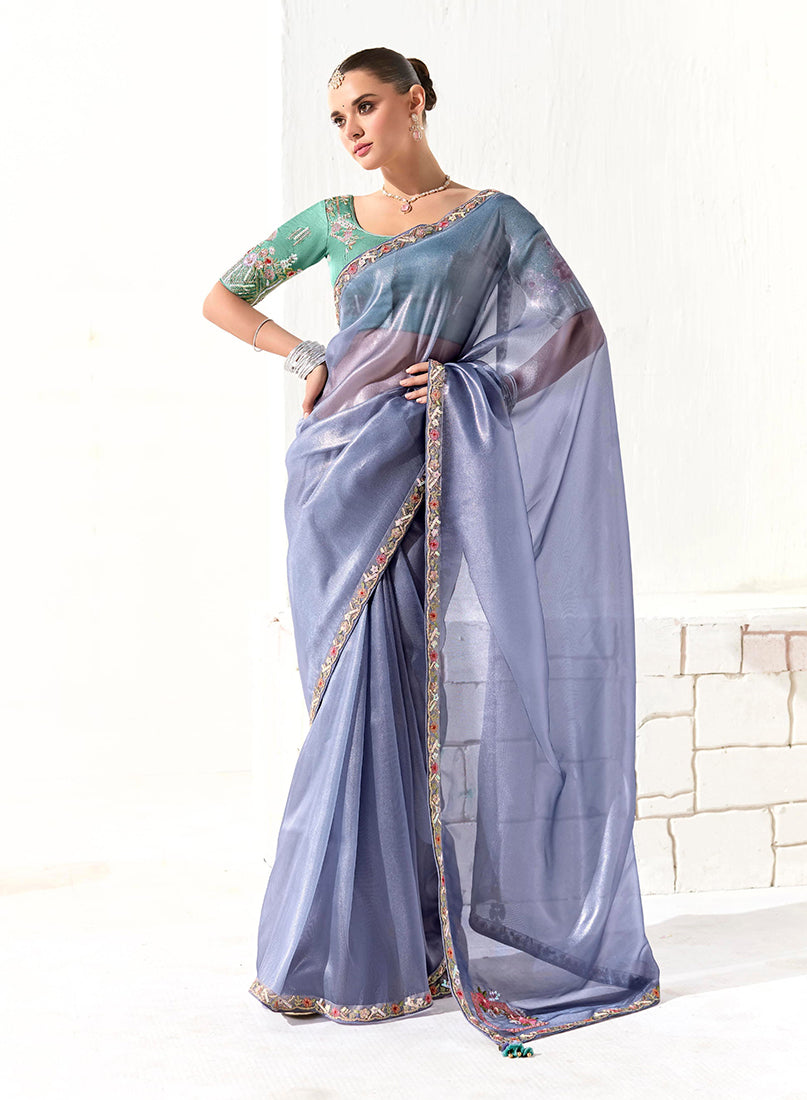 Monjolika Fashion Tissue Light Lavender Embroidered Border Contemporary Saree | Grocsy