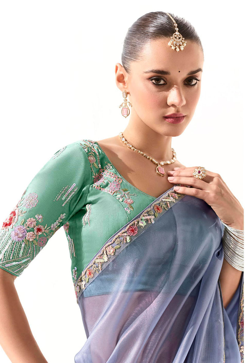 Monjolika Fashion Tissue Light Lavender Embroidered Border Contemporary Saree | Grocsy