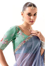 Monjolika Fashion Tissue Light Lavender Embroidered Border Contemporary Saree | Grocsy