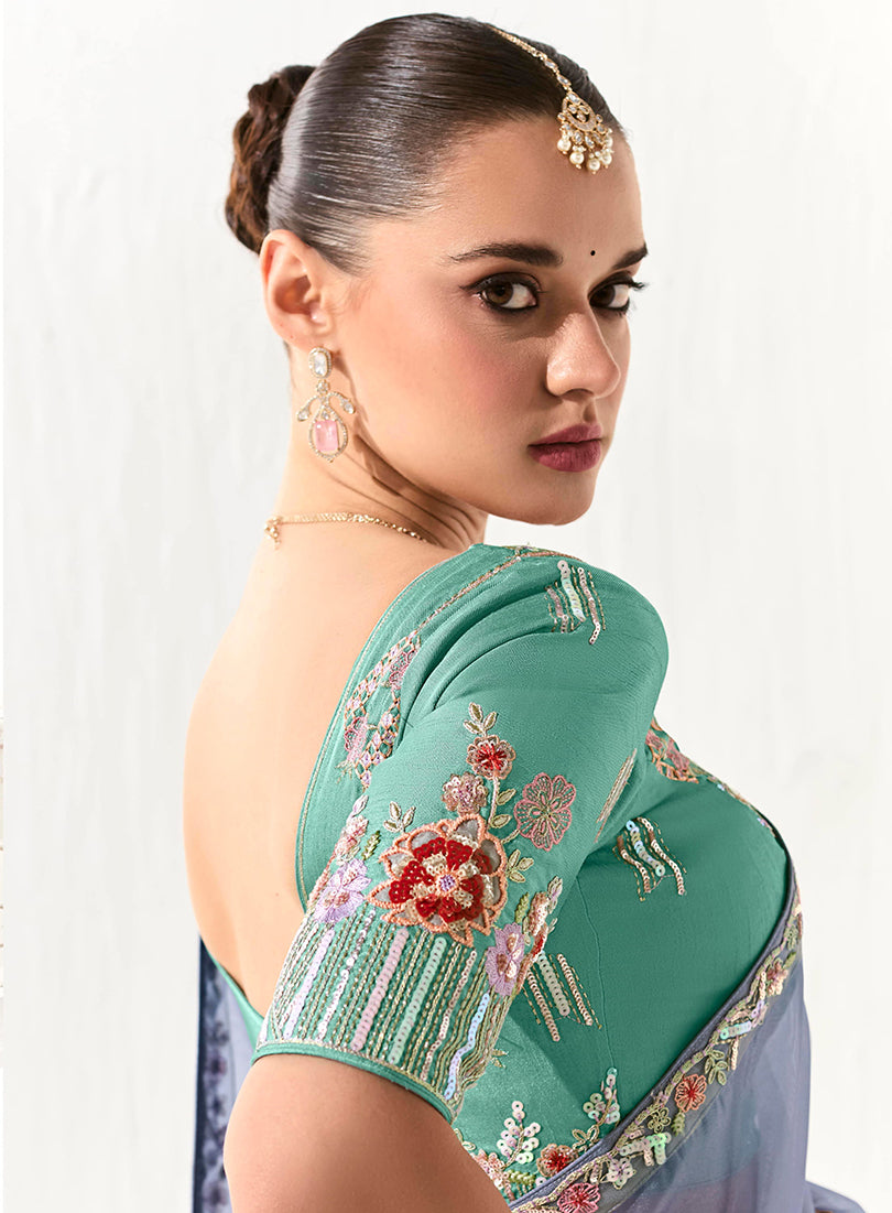Monjolika Fashion Tissue Light Lavender Embroidered Border Contemporary Saree | Grocsy