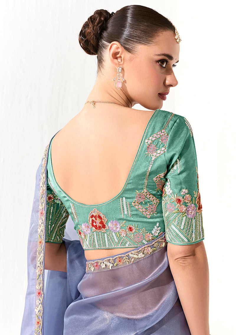 Monjolika Fashion Tissue Light Lavender Embroidered Border Contemporary Saree | Grocsy