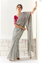 Monjolika Fashion Tissue Organza Light Grey Embroidered Sequins Designer Saree | Grocsy