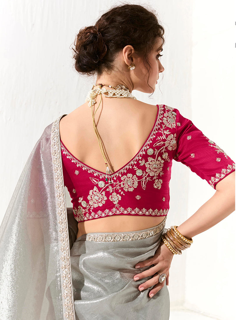 Monjolika Fashion Tissue Organza Light Grey Embroidered Sequins Designer Saree | Grocsy