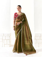 Monjolika Fashion Tissue Embroidered Sequins Dark Olive Traditional Saree | Grocsy