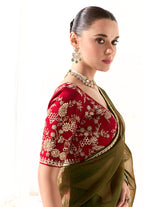 Monjolika Fashion Tissue Embroidered Sequins Dark Olive Traditional Saree | Grocsy