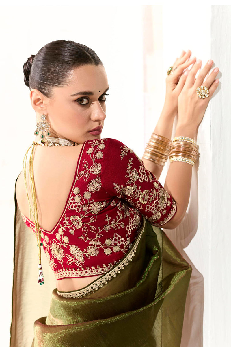Monjolika Fashion Tissue Embroidered Sequins Dark Olive Traditional Saree | Grocsy