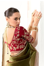 Monjolika Fashion Tissue Embroidered Sequins Dark Olive Traditional Saree | Grocsy