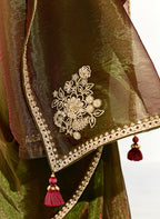 Monjolika Fashion Tissue Embroidered Sequins Dark Olive Traditional Saree | Grocsy