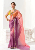 Monjolika Fashion Tissue Organza Pink and Purple Embroidered Trendy Saree | Grocsy