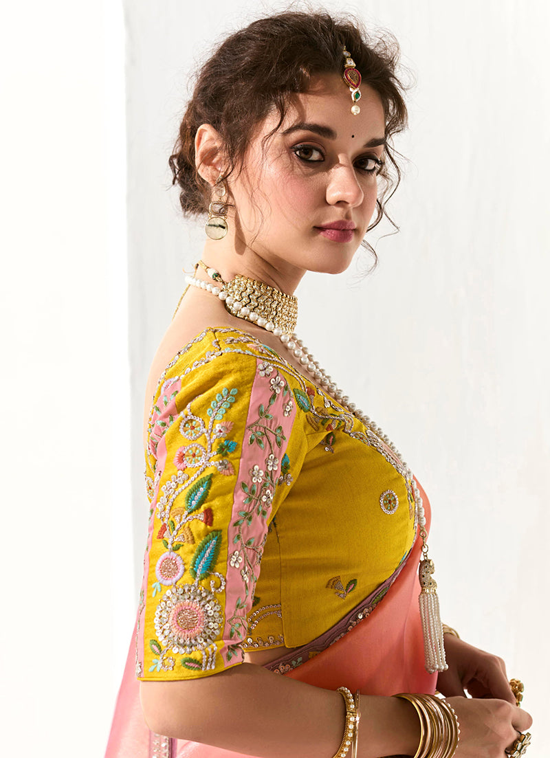 Monjolika Fashion Tissue Organza Pink and Purple Embroidered Trendy Saree | Grocsy
