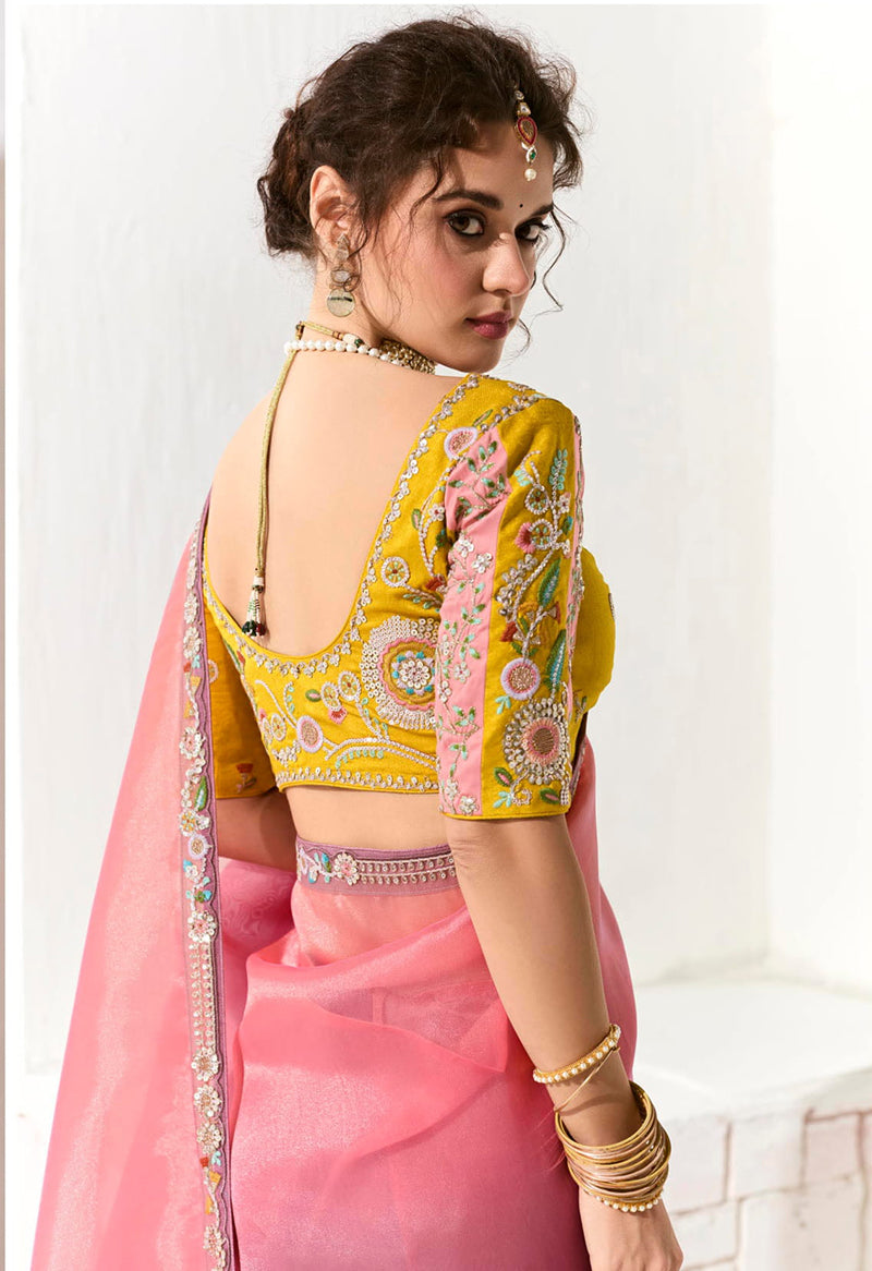 Monjolika Fashion Tissue Organza Pink and Purple Embroidered Trendy Saree | Grocsy