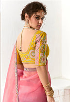 Monjolika Fashion Tissue Organza Pink and Purple Embroidered Trendy Saree | Grocsy