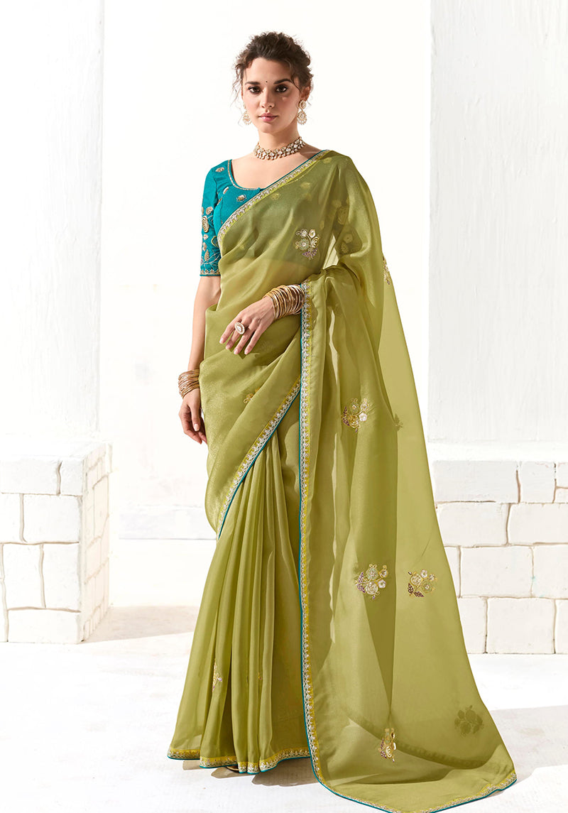Monjolika Fashion Tissue Organza Olive Green Embroidered Classic Saree | Grocsy