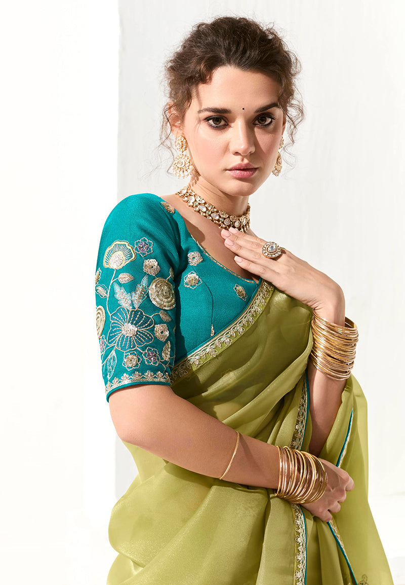 Monjolika Fashion Tissue Organza Olive Green Embroidered Classic Saree | Grocsy