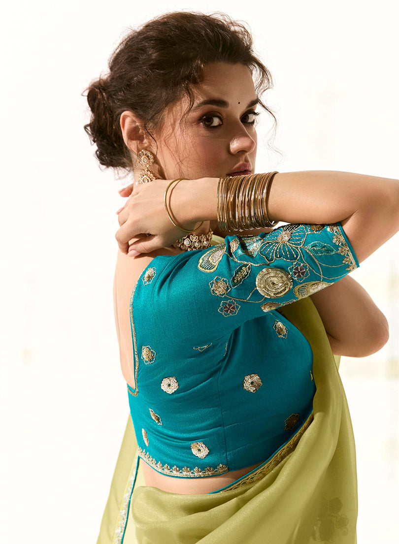 Monjolika Fashion Tissue Organza Olive Green Embroidered Classic Saree | Grocsy