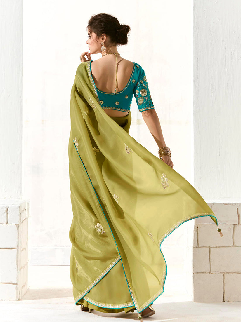 Monjolika Fashion Tissue Organza Olive Green Embroidered Classic Saree | Grocsy