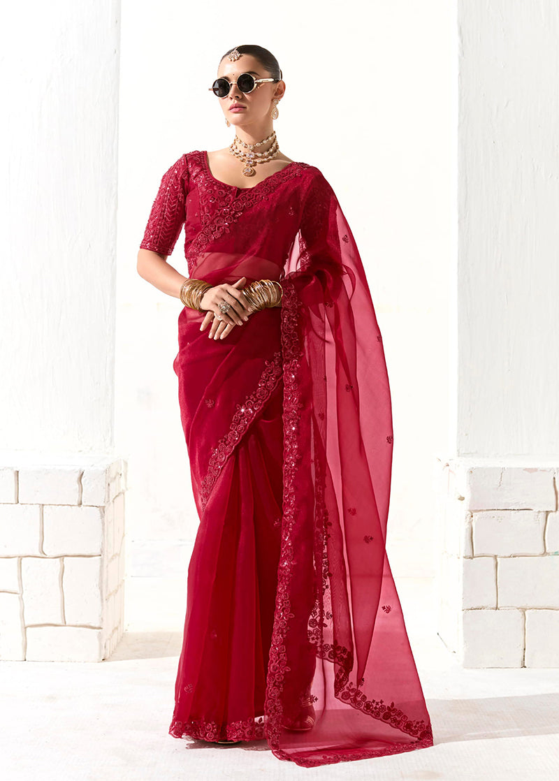 Monjolika Fashion Embroidered Dark Red Tissue Organza Classic Saree | Grocsy