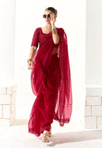 Monjolika Fashion Embroidered Dark Red Tissue Organza Classic Saree | Grocsy