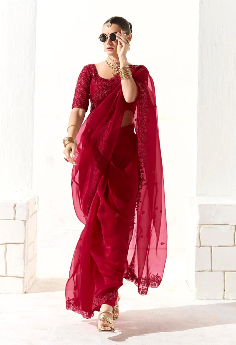 Monjolika Fashion Embroidered Dark Red Tissue Organza Classic Saree | Grocsy