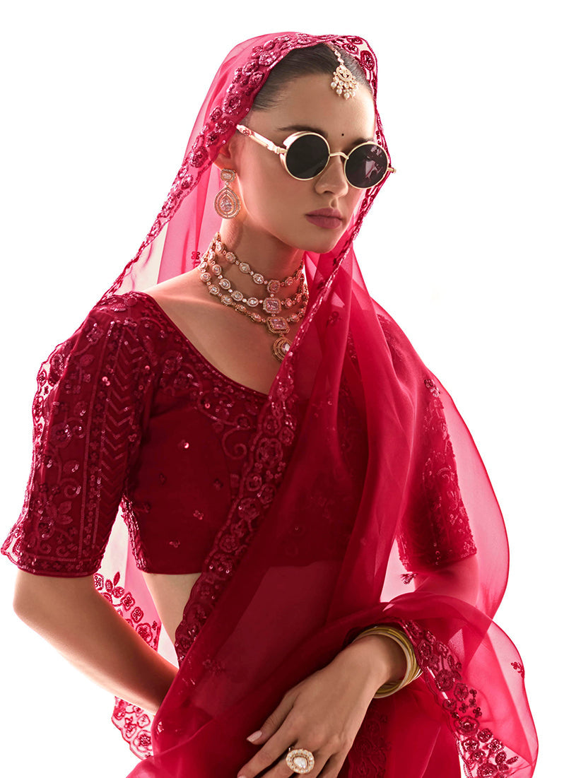 Monjolika Fashion Embroidered Dark Red Tissue Organza Classic Saree | Grocsy