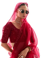 Monjolika Fashion Embroidered Dark Red Tissue Organza Classic Saree | Grocsy
