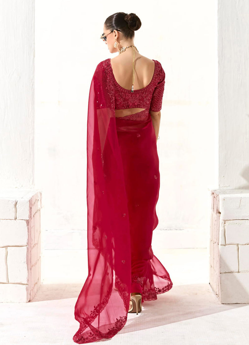 Monjolika Fashion Embroidered Dark Red Tissue Organza Classic Saree | Grocsy