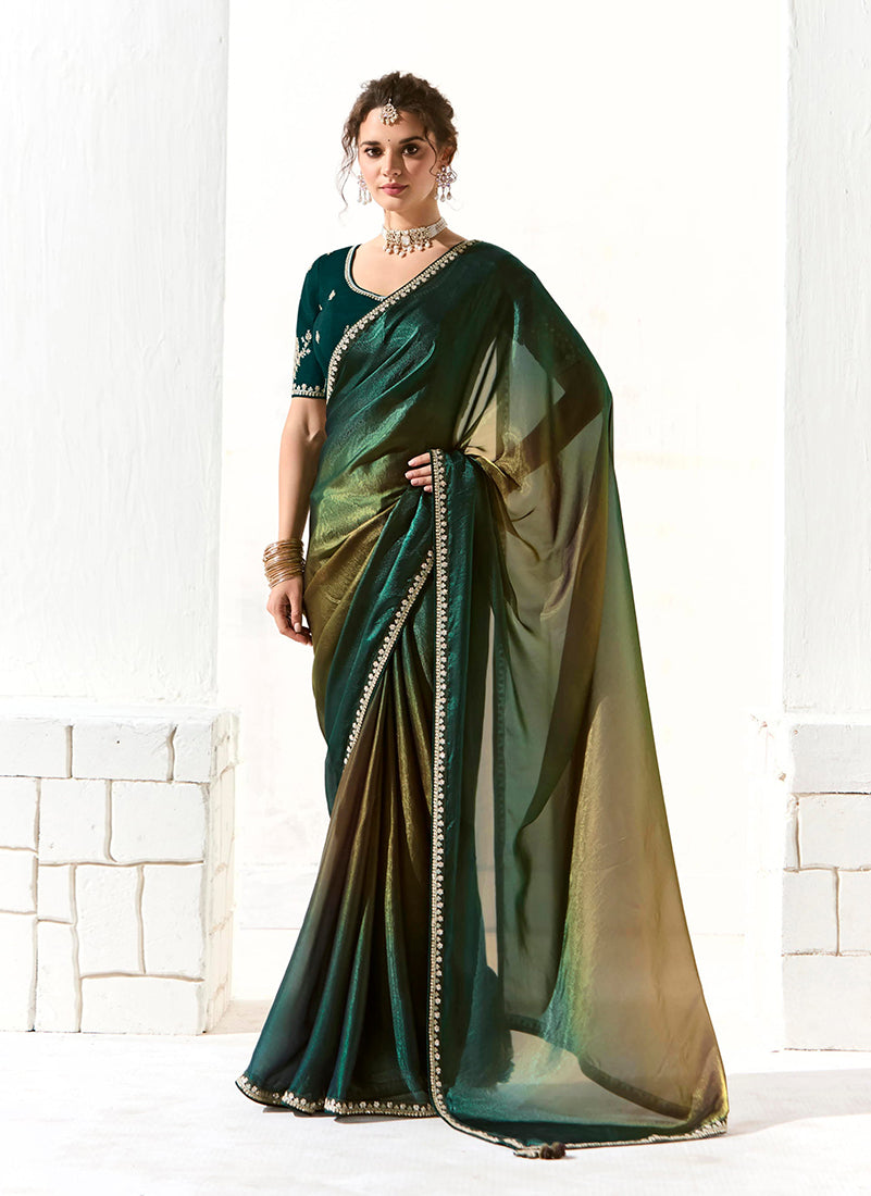 Monjolika Fashion Embroidered Sequins Tissue Organza Contemporary Saree in Dark Teal | Grocsy