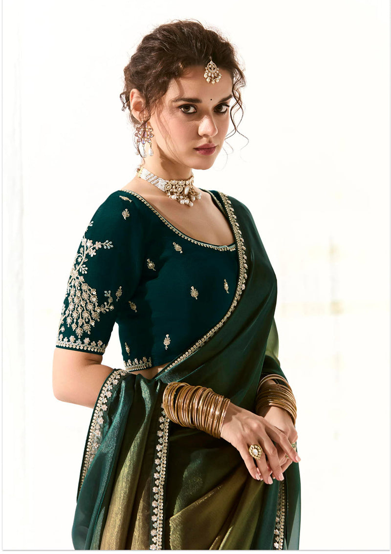 Monjolika Fashion Embroidered Sequins Tissue Organza Contemporary Saree in Dark Teal | Grocsy