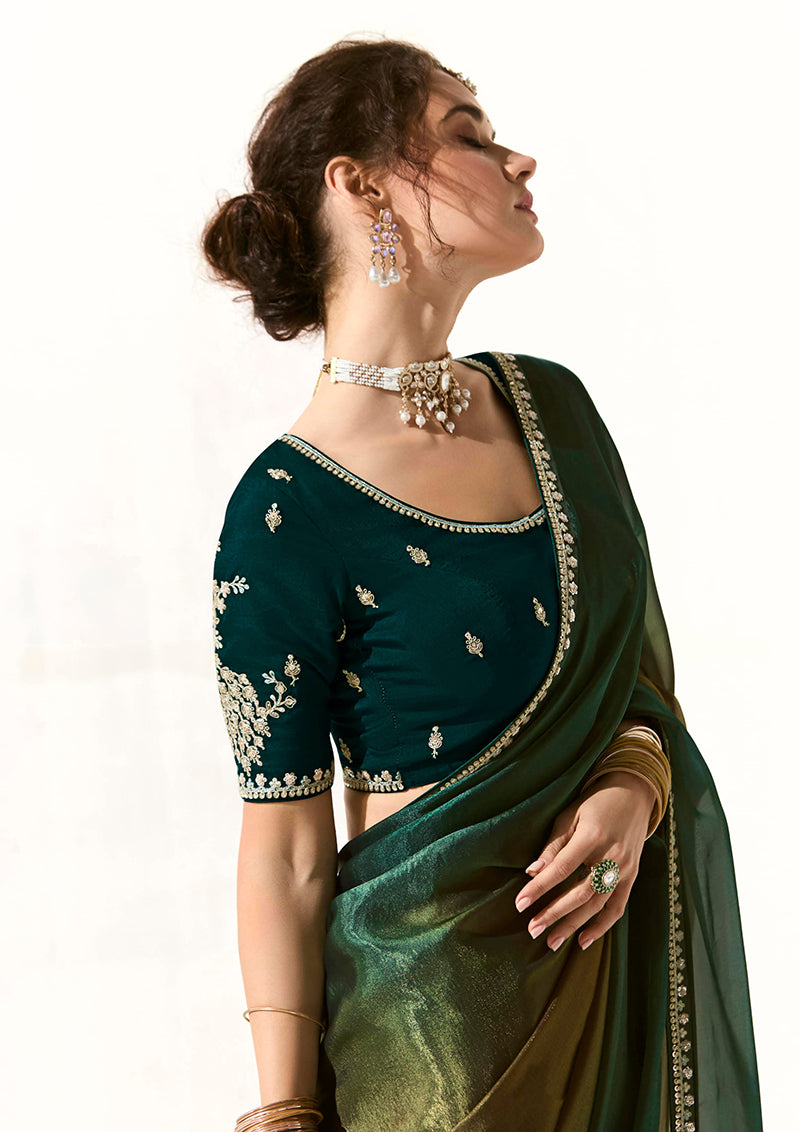 Monjolika Fashion Embroidered Sequins Tissue Organza Contemporary Saree in Dark Teal | Grocsy