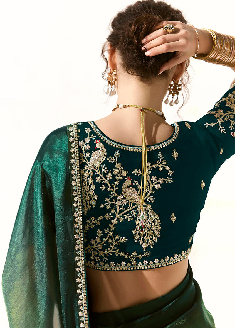 Monjolika Fashion Embroidered Sequins Tissue Organza Contemporary Saree in Dark Teal | Grocsy