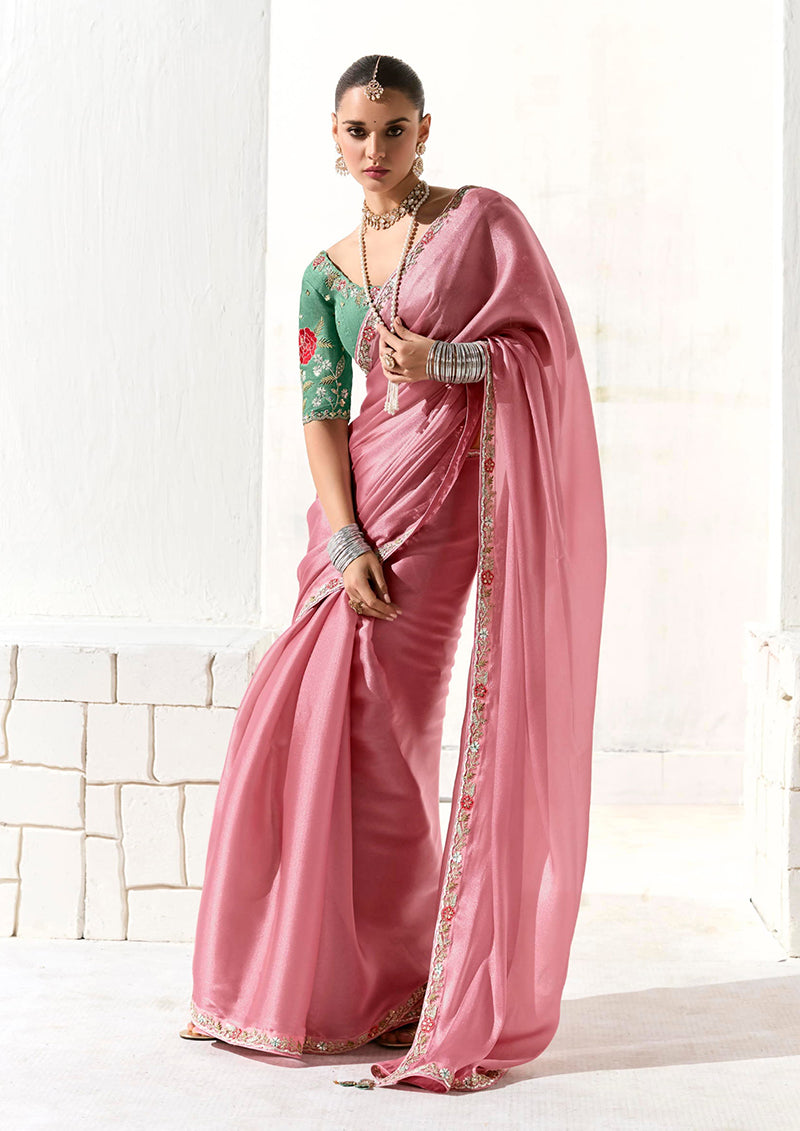 Monjolika Fashion Tissue Embroidered Border Designer Saree in Pink | Grocsy