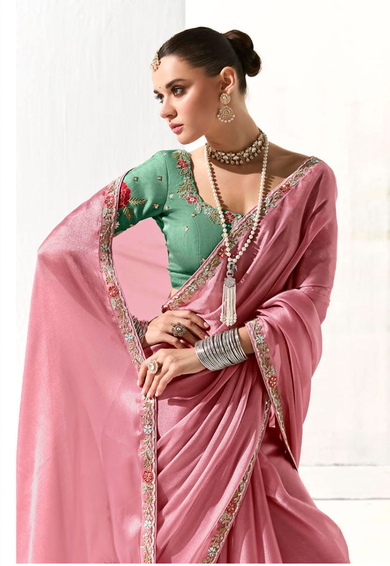 Monjolika Fashion Tissue Embroidered Border Designer Saree in Pink | Grocsy