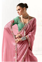 Monjolika Fashion Tissue Embroidered Border Designer Saree in Pink | Grocsy