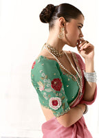 Monjolika Fashion Tissue Embroidered Border Designer Saree in Pink | Grocsy