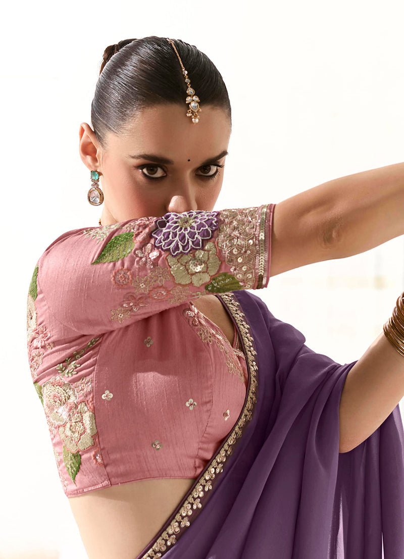 Monjolika Fashion Tissue Embroidered Sequins Lilac Traditional Saree | Grocsy
