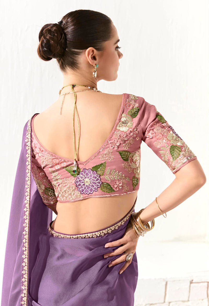 Monjolika Fashion Tissue Embroidered Sequins Lilac Traditional Saree | Grocsy