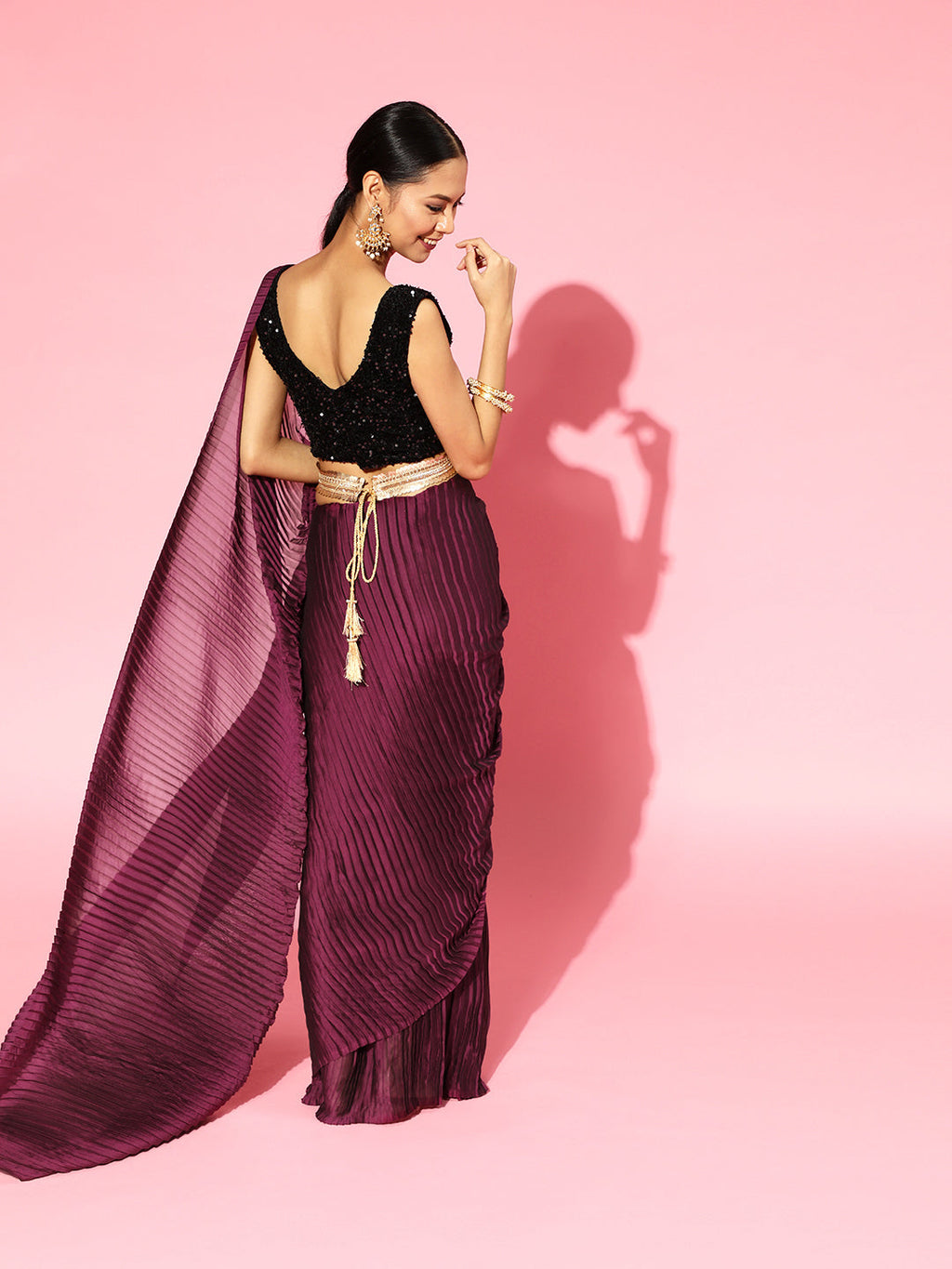 Saree Mall Burgundy Poly Georgette Party Wear Saree with Matching Blouse | Grocsy
