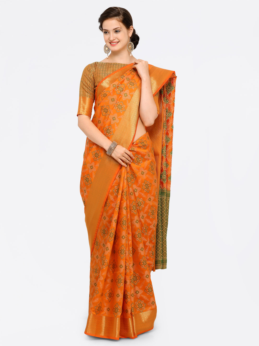 Saree Mall Yellow Silk Blend Patola Print Kanjeevaram Saree with Unstitched Blouse | Grocsy