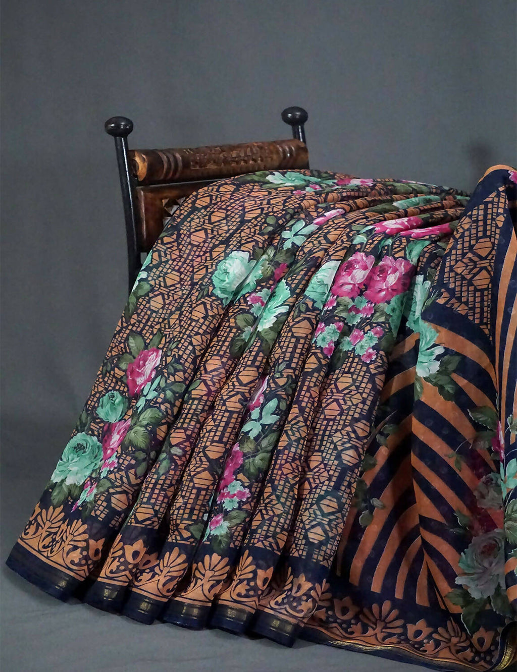 Shades Of Navy Blue Floral Design Semi Chanderi Saree By Gayathri Reddy Designer Studio | Grocsy