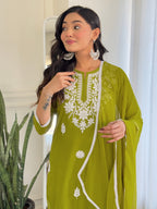 The52 Chikankari Work with Pure Cotton Fabric Straight Kurta, Pant and Dupatta Set | Grocsy