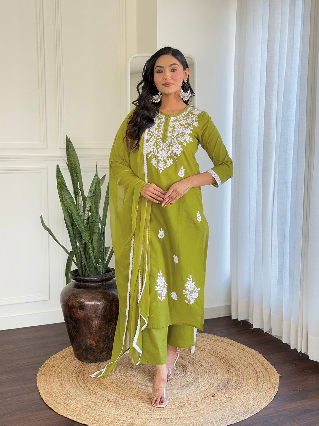 The52 Chikankari Work with Pure Cotton Fabric Straight Kurta, Pant and Dupatta Set | Grocsy