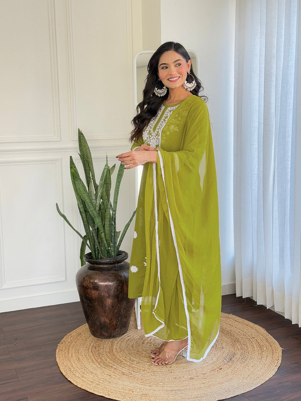 The52 Chikankari Work with Pure Cotton Fabric Straight Kurta, Pant and Dupatta Set | Grocsy