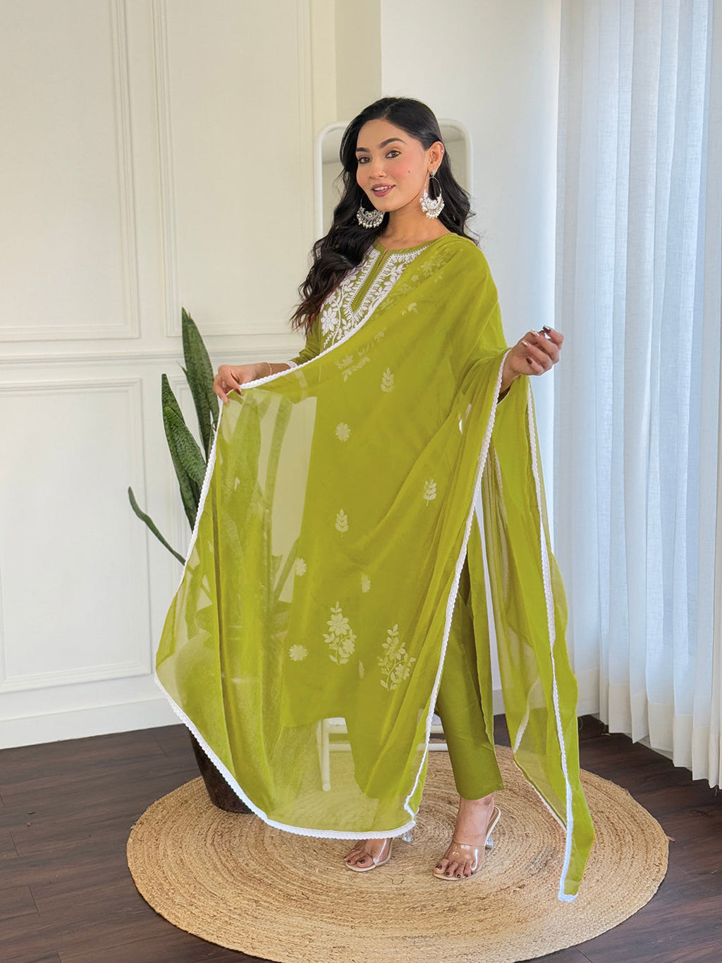 The52 Chikankari Work with Pure Cotton Fabric Straight Kurta, Pant and Dupatta Set | Grocsy