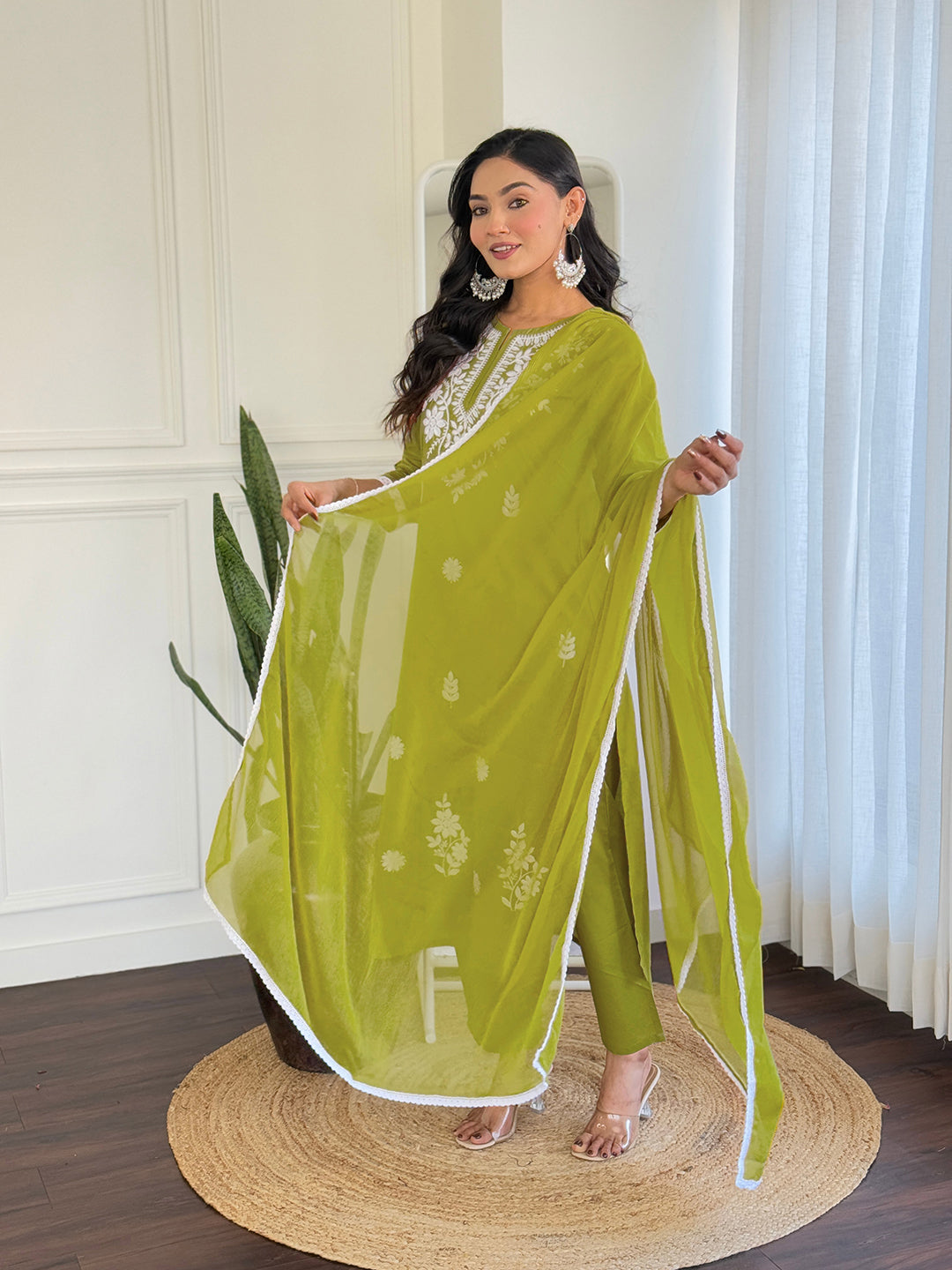 The52 Chikankari Work with Pure Cotton Fabric Straight Kurta, Pant and Dupatta Set | Grocsy
