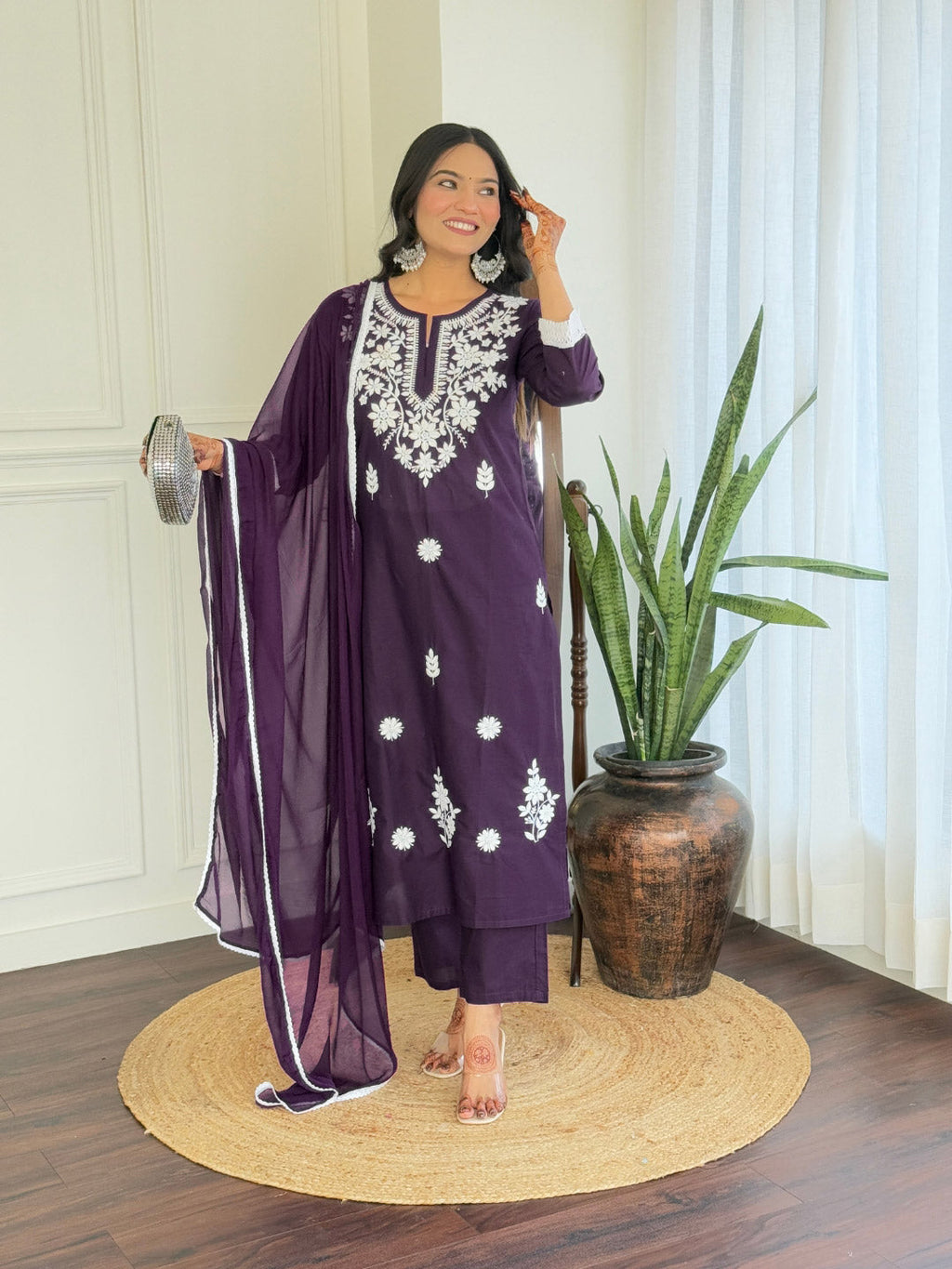 The52 Chikankari Work with Pure Cotton Fabric Straight Kurta, Pant and Dupatta Set | Grocsy