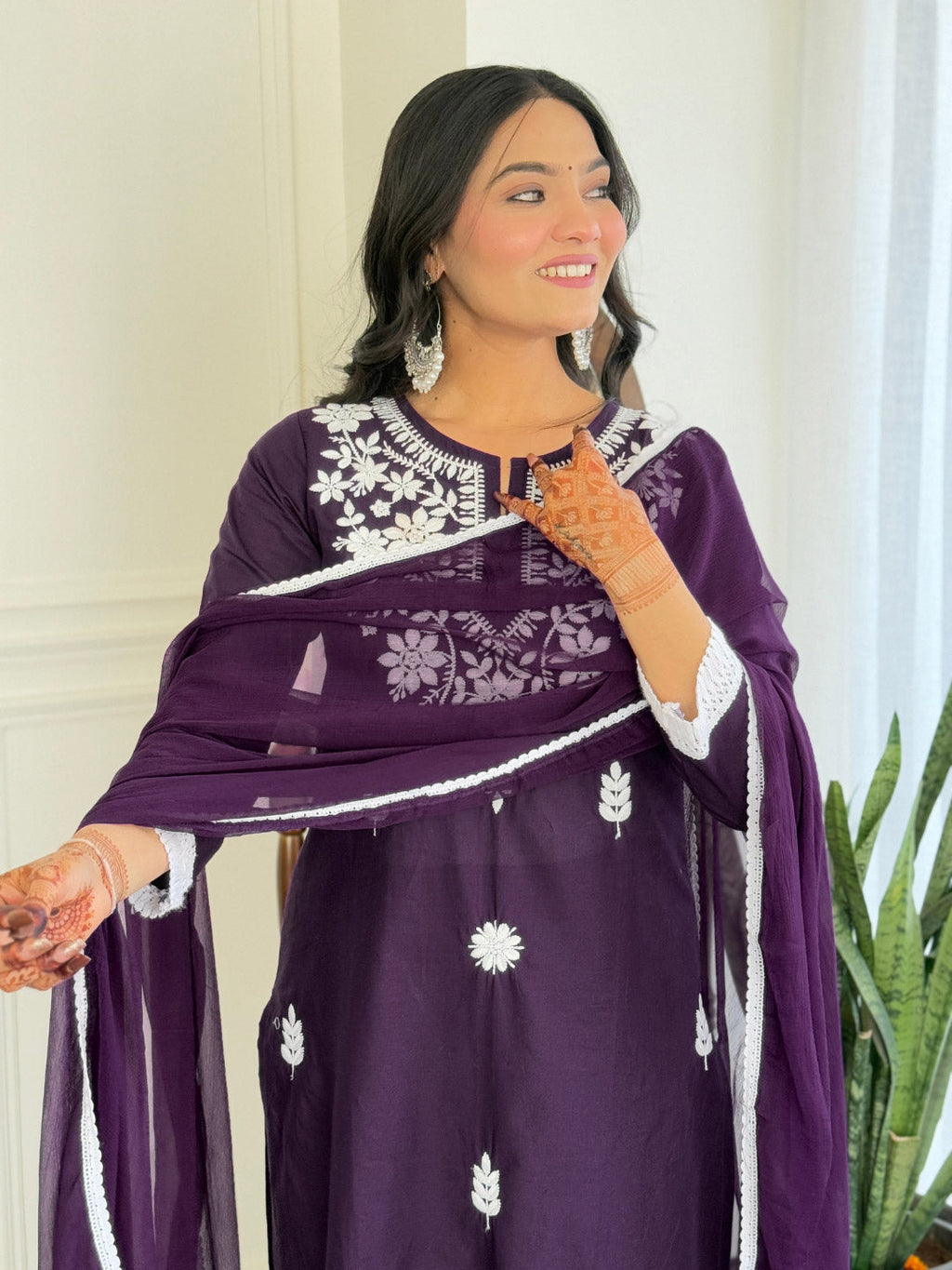 The52 Chikankari Work with Pure Cotton Fabric Straight Kurta, Pant and Dupatta Set | Grocsy