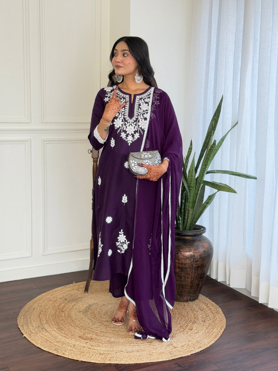 The52 Chikankari Work with Pure Cotton Fabric Straight Kurta, Pant and Dupatta Set | Grocsy