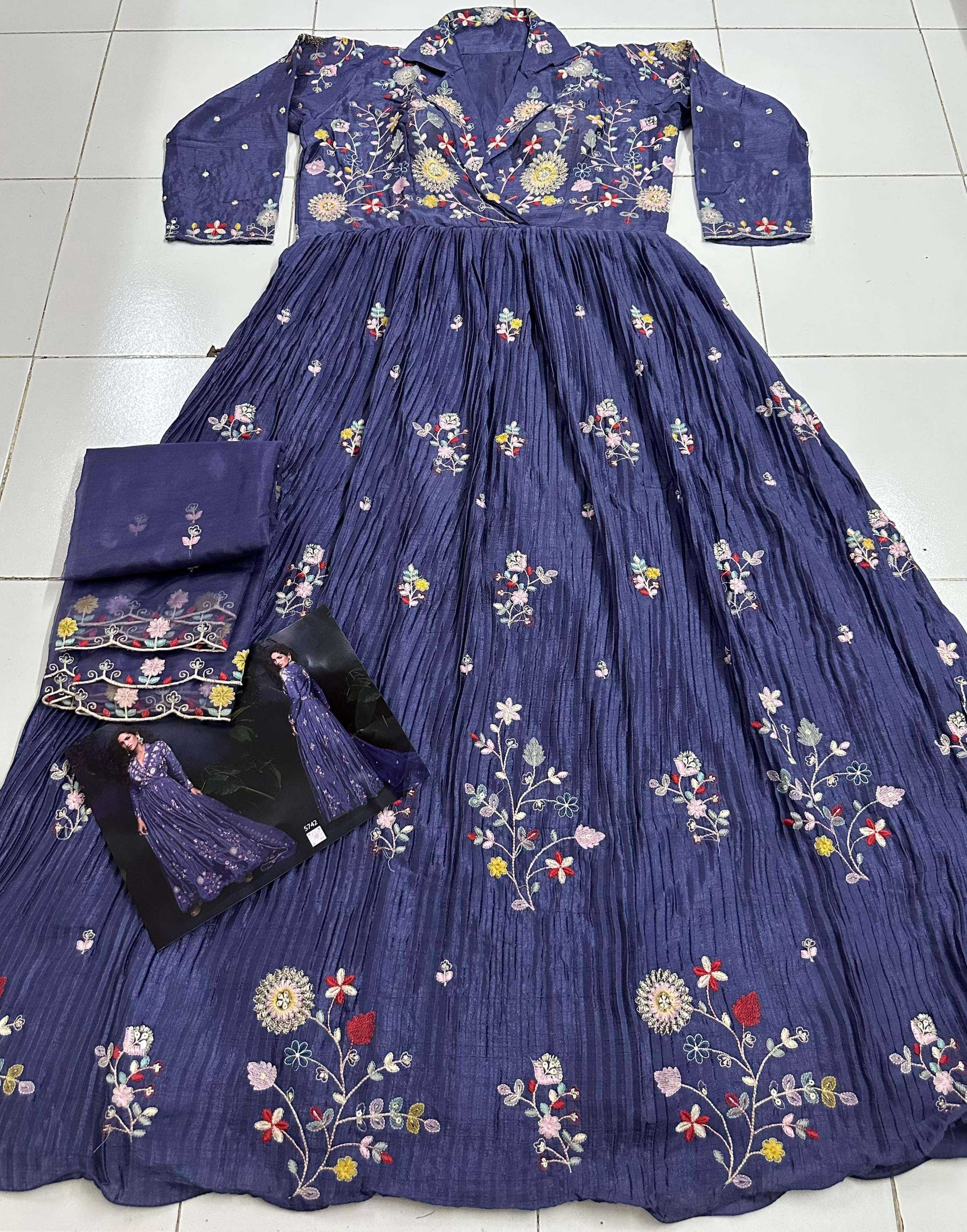 Anaita Dark Lavender Heavy Chinon With Embroidery Stitched Gown | Grocsy